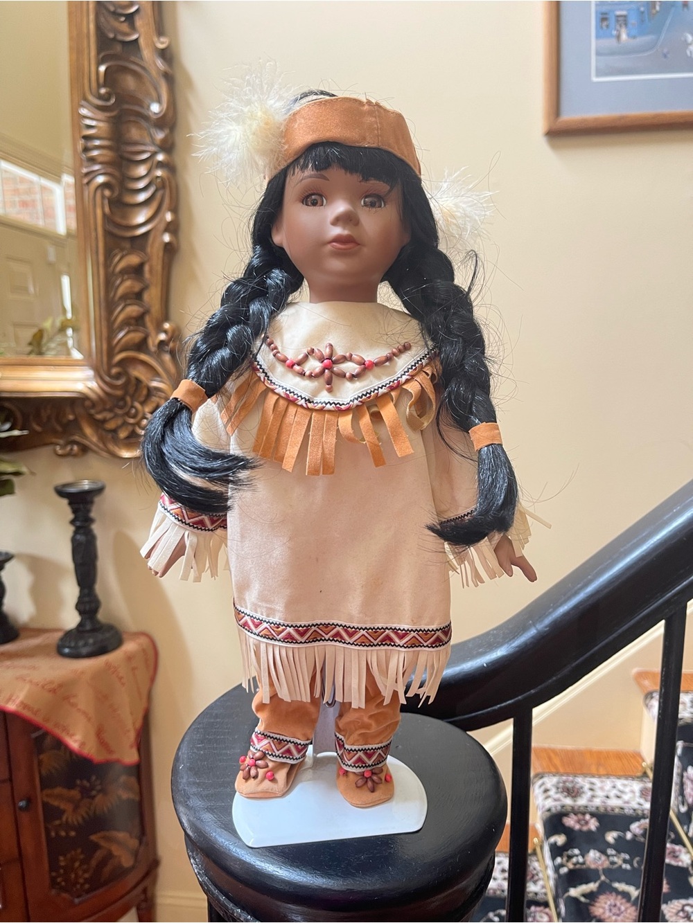 Vintage 15” Native American Indian Porcelain Southwest Doll and baby with stand